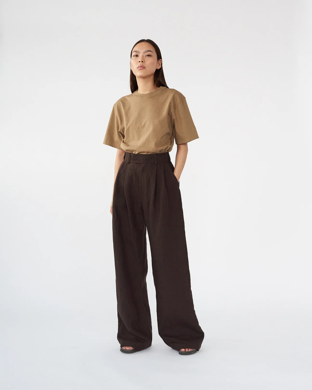 Linen Wide Box Pants - Dark Brown