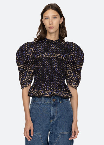 Delphine Pucker Cotton Puff SLV Smocked Top - Blue